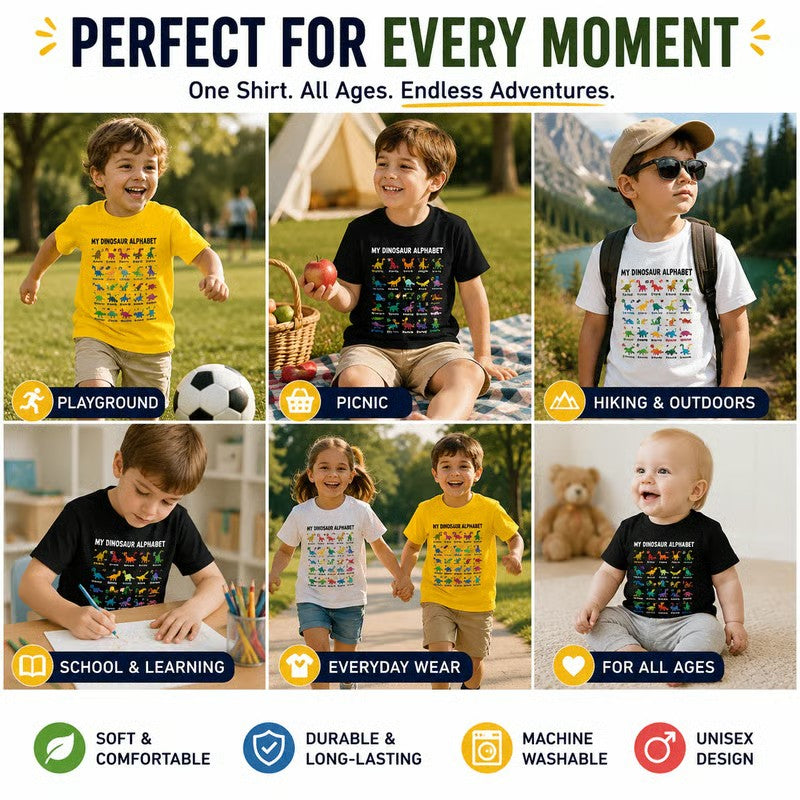 Barn-T-shirt med dinosaurie- och alfabetstryck