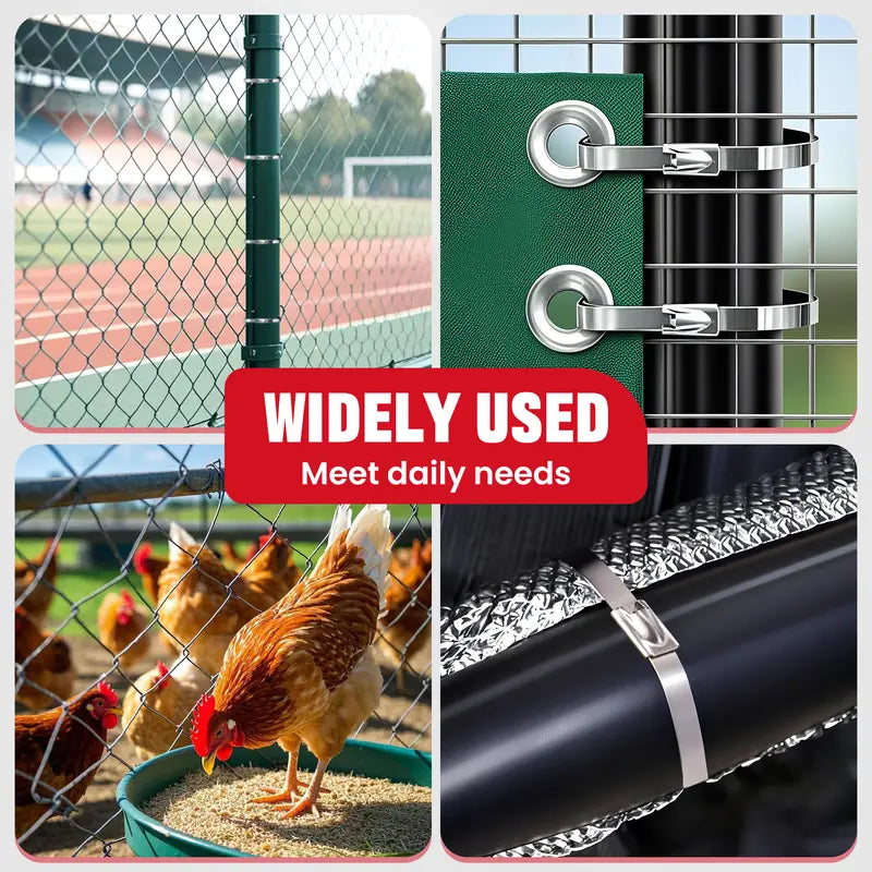 Stainless steel ties used on fencing, outdoor fabric, a chicken enclosure and exhaust wrap