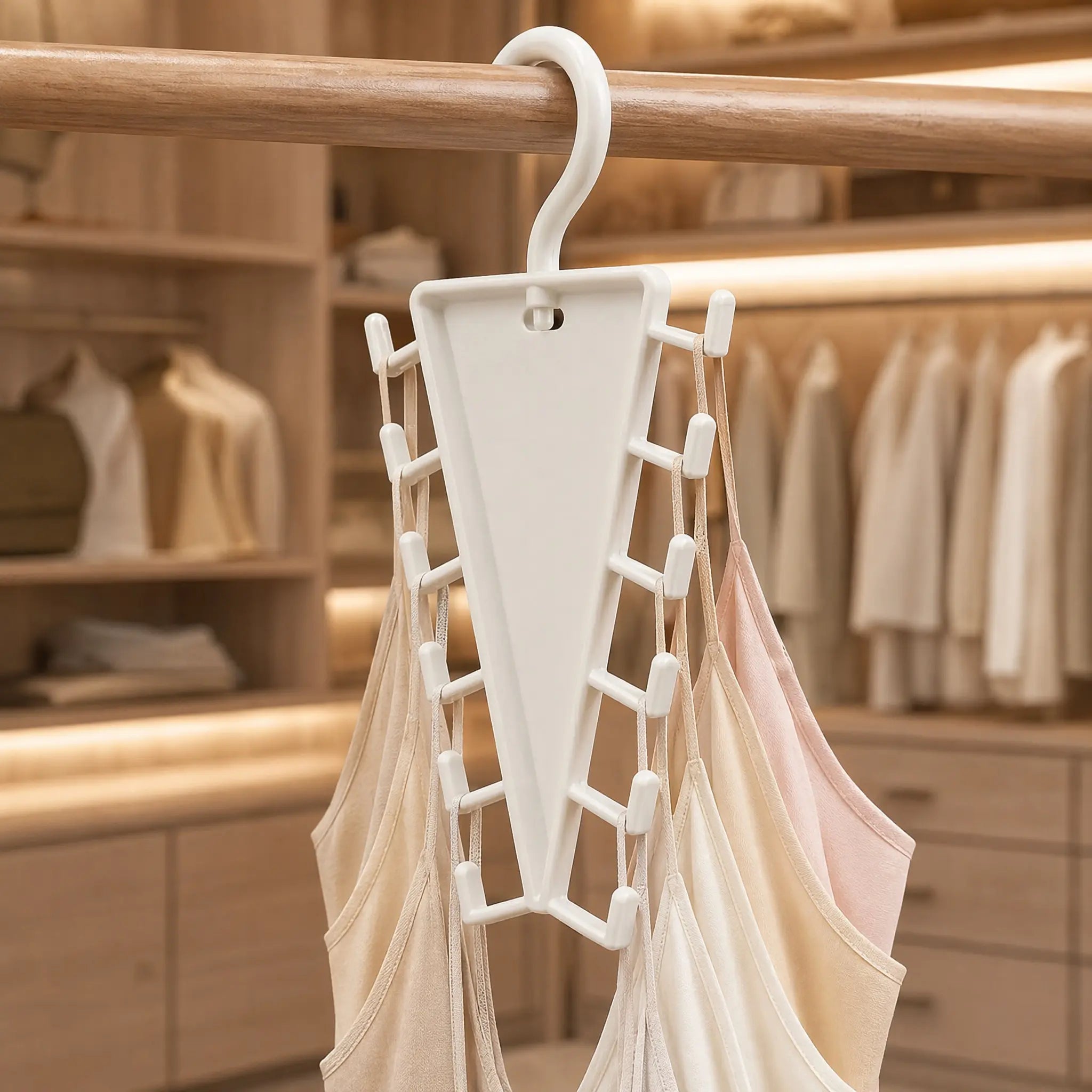 V-shaped closet organizer holding scarves and accessories
